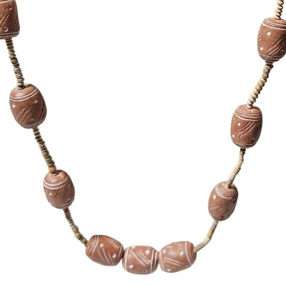 Handcrafted Boho Terracotta Necklace Bracelet Earrings Set Wooden Jewelry - Picture 2 of 10